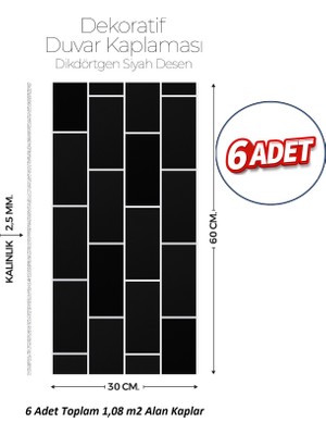 Brano 30X60 cm Kendinden Yapışkanlı Duvar,banyo,tezgah Arası Kaplama Siyah Tuğla Desen 6 Adet