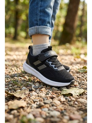 Tonny Black Çocuk Unisex Siyah Füme Rahat Kalıp Nefes Alabilen Cırtlı Bağcıklı Sneaker