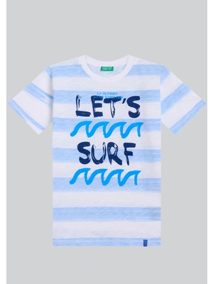 Benetton Erkek Çocuk Mavi Çizgili "let's Surf" Baskılı Kısa Kollu Tişört