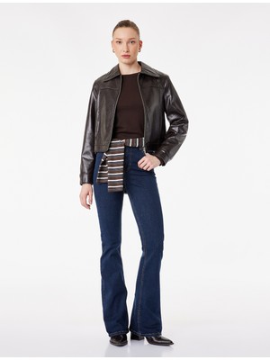 Koton Dar Kalıp Yüksek Bel Düğmeli Cepli Ispanyol Paça Denim Pantolon - Flare Jean