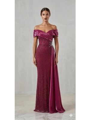 MP7255 Serisi Düşük Omuz Kristal Işlemeli Mürdüm Saten Abiye Elbise