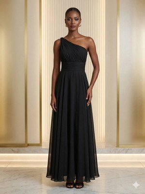 MP4015 Serisi Tek Omuz Helen Kesim Siyah Şifon Abiye Elbise