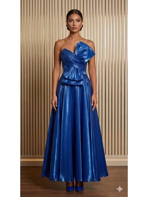 MP7510 Serisi Straplez Drape Detaylı Metalik Saks Mavisi Abiye Elbise
