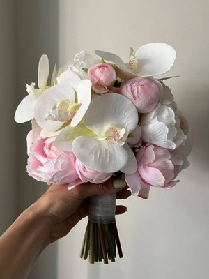 Caelia Beyaz Orkide ve Pembe Şakayık Gelin Çiçeği Zarif ve Şık Gerçek Görünümlü Yapay Çiçek