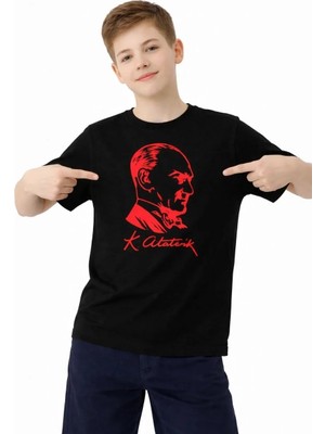 Mzp Kartan Erkek Çocuk Atatürk Baskılı Tişört Kısa Kollu Bisiklet Yaka T-Shirt - Siyah