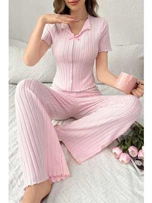 Bella Notte Pembe Fiyonk Detaylı Pamuklu Mevsimlik Pijama Takımı XL Kadınlar İçin Şık Tasarım