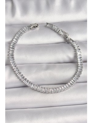 Pirinç Gümüş Renk Zirkon Taşlı Su Yolu Model Kadın Bileklik