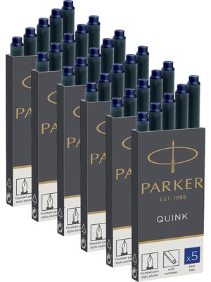 Parker 6x 1950384 Quink Dolma Kalem Için Yedek Kartuş, Uzun Kartuşlar, 6 x 5'li Paket, Mavi Mürekkep