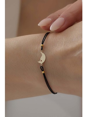 Bayar Gold 14 Ayar Altın Ay Siyah İpli Bileklik