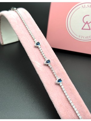 Alsem Gümüş Kaplama Safir Mavisi Damla Taşlı Su Yolu Bileklik , Şık Gece Aksesuarı