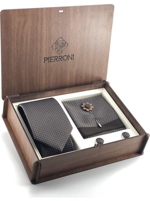 Pierroni Kahverengi Kravat 4'lü Ahşap Kutulu Set Özel Desenli Şık Tasarım