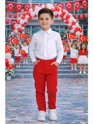 Herşey Nota Erkek Çocuk Beyaz Gömlek ve Kırmızı Pantolon Takım – Okul ve Bayram Etkinlik 5-13 Yaş