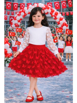 Herşey Nota Kız Çocuk Tişört ve Etek Takım – Kelebek Detaylı Okul Etkinlik Kombini 5-13 Yaş