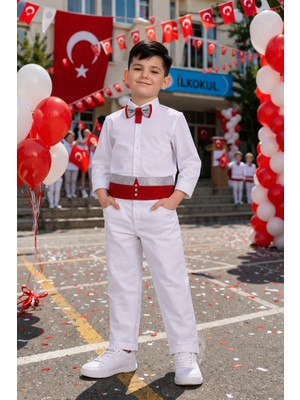 Herşey Nota Erkek Çocuk Kuşaklı Papyonlu Beyaz Gömlek Pantolon Takım Okul Bayram Etkinlik 5-13 Yaş