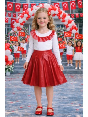 Herşey Nota Kız Çocuk Kırmızı Deri Etek Beyaz Fırfırlı Body Takım – Okul ve Bayram Etkinlik 5-13 Yaş