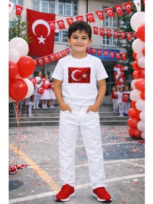 Herşey Nota Erkek Çocuk Beyaz Takım Baskılı Tişört Pantolon 5-13 Yaş Okul Bayram Etkinlik