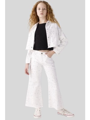 Kız Çocuk Beyaz Denim Takım - Desenli Kısa Ceket ve Ispanyol Paça Pantolon Seti