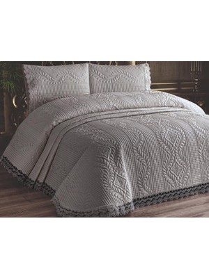 Çeyiz Diyarı Limena Dantelli Ultrasonik Yatak Örtüsü Gri Pamuk Kumaş Desenli 250 x 260 cm