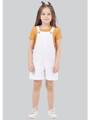 Waka Waka Kids Store Kız Çocuk Beyaz Jean Salopet Şort ve Hardal Fitilli Tişört Takım