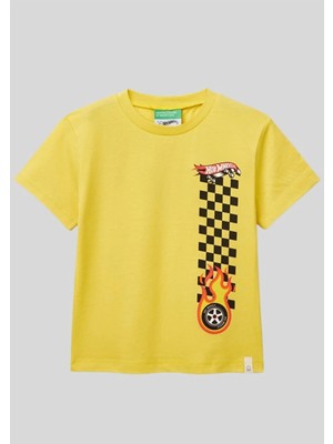 Benetton Erkek Çocuk Sarı Hot Wheels Lisanslı %100 Pamuklu Bisiklet Yaka Tişört