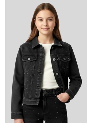 Kız Çocuk Antrasit Gri Taş Işlemeli Denim Ceket - Kristal Detaylı Kot Ceket