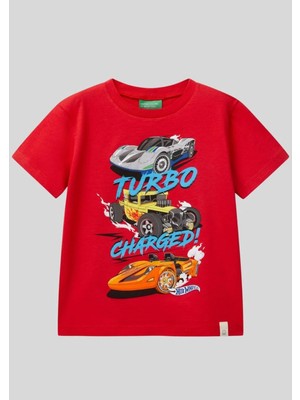 Benetton Hot Wheels Lisanslı Erkek Çocuk Kırmızı Araba Baskılı Kısa Kollu Tişört