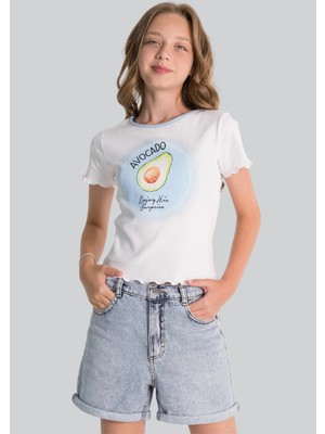 Kız Çocuk Avokado Baskılı Fitilli Crop Tişört