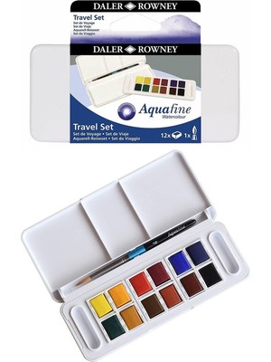 Daler Rowney Aquafine Seyahat Seti 12 Renk Plastik Kutu ile Taşınabilir Sulu Boyalar