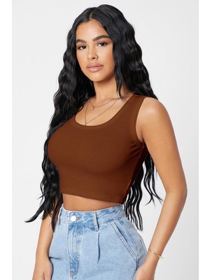 Beruflic Kadın Kahverengi Kare Yaka Crop Top Bluz Under Moda