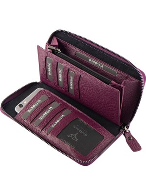 Garbalia Arthur Kadın Cüzdanı Mürdüm Hakiki Deri Fermuarlı Model 19 cm Kartlık Bölmeli