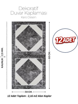Brano 30X60 cm Kendinden Yapışkanlı Duvar,banyo,tezgah Arası Kaplama Karo Desen 12 Adet