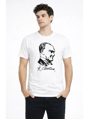Mzp Kartan Erkek Atatürk Baskılı Tişört Kısa Kollu Bisiklet Yaka T-Shirt - Beyaz