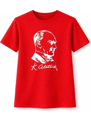 Mzp Kartan Kız Çocuk Atatürk Baskılı Tişört Kısa Kollu Bisiklet Yaka T-Shirt - Kırmızı