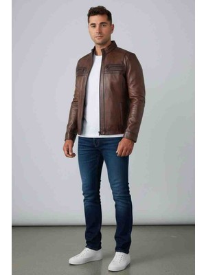 Moda Birbey Erkek Kahverengi Hakiki Kuzu Derisi Fermuarlı Deri Mont Ceket
