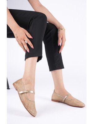 Abba Kadın Abiye File Delikli Simli Gold Altın Bantlı Babet