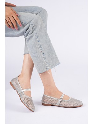 Abba Kadın Abiye File Delikli Simli Gümüş Bantlı Babet