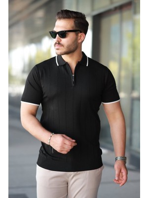Erkek Fermuar Yakalı Çizgi Dokulu Kısa Kollu Tişört