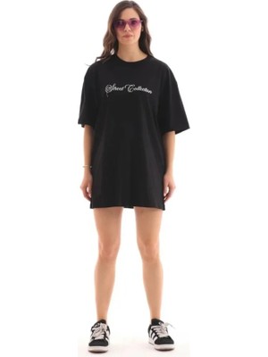 Lunelis Baskılı T-Shirt Kısa Kol Bisiklet Yaka Regular Rahat Kalıp Günlük Tişört - Siyah