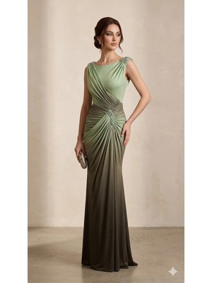 OMNİA3474 Serisi Ombre Geçişli Drapeli Su Yeşili Gece Elbisesi