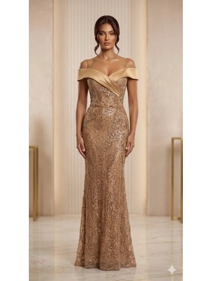 ROSE2502 Serisi Düşük Omuz Kristal Işlemeli Gold Balık Abiye Elbise