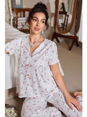 Bella Notte V Yaka Çiçek Desenli Baskılı Kısa Kollu Pijama Takımı