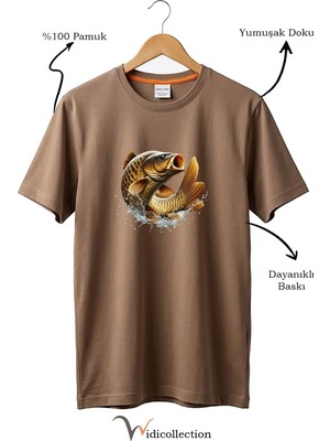 Widi Unisex Balıkçı Sazan Balığı Baskılı %100 Pamuk Bisiklet Yaka Basic Tişört
