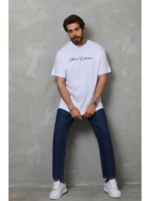 Lunelis Erkek Baskılı T-Shirt Kısa Kol Bisiklet Yaka Regular Fit Rahat Kalıp Günlük Tişört - Beyaz