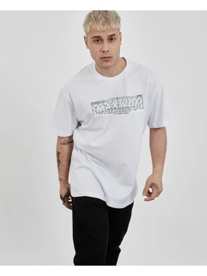 Unisex Bisiklet Yaka Baskılı Oversize T-Shirt - Beyaz