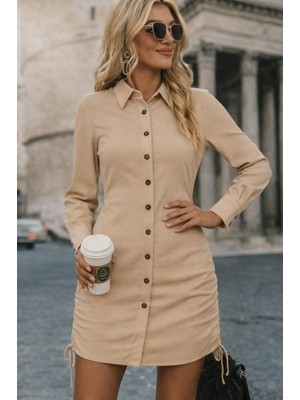 Lunelis Kadın Uzun Kollu Gömlek Yaka Önden Düğmeli Yanlardan Büzgülü Kısa Aerobin Elbise