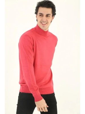 Erkek Yarım Boğaz Triko Kazak Yumuşak Dokulu Pamuklu Ince Dokuma, Uzun Kollu Rahat Regular Kalıp - Pembe