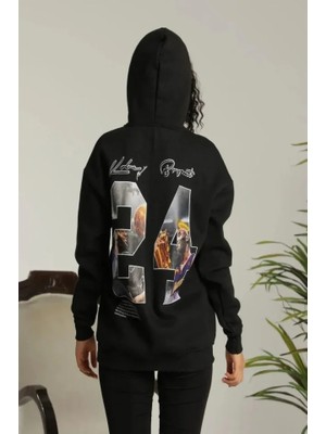 Baskılı Oversize Üç Iplik Kapüşonlu Sweatshirt - Siyah