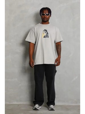 Erkek Baskılı T-Shirt Kısa Kol Bisiklet Yaka Regular Fit Rahat Kalıp Günlük Tişört - Gri