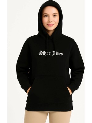 Üç Iplik Kapşonlu Ön ve Arka Baskılı Sweatshirt Hoodie- Siyah
