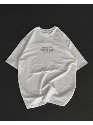 Unisex Bisiklet Yaka Baskılı Oversize T-Shirt - Beyaz